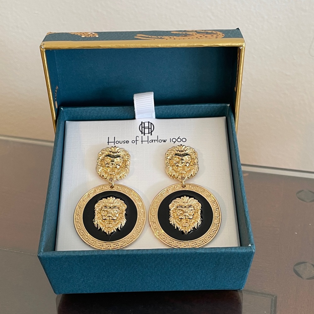 House of Harlow 1960 Gold and Black Lion Medallion Drop Earrings